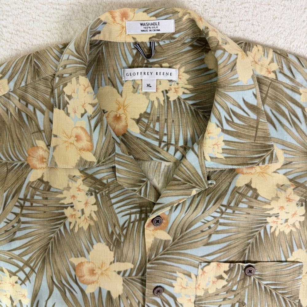 Geoffrey Beene Silk Button Down Shirt Mens XL Tan Tropical Floral Aloha Palm